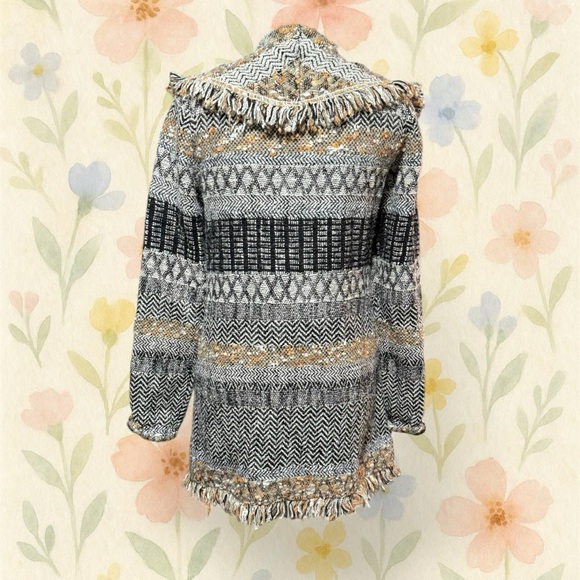 Lucky Brand Fringe Knit Cardigan Sweater Medium Boho Tribal Open Front Aztec - Picture 4 of 6